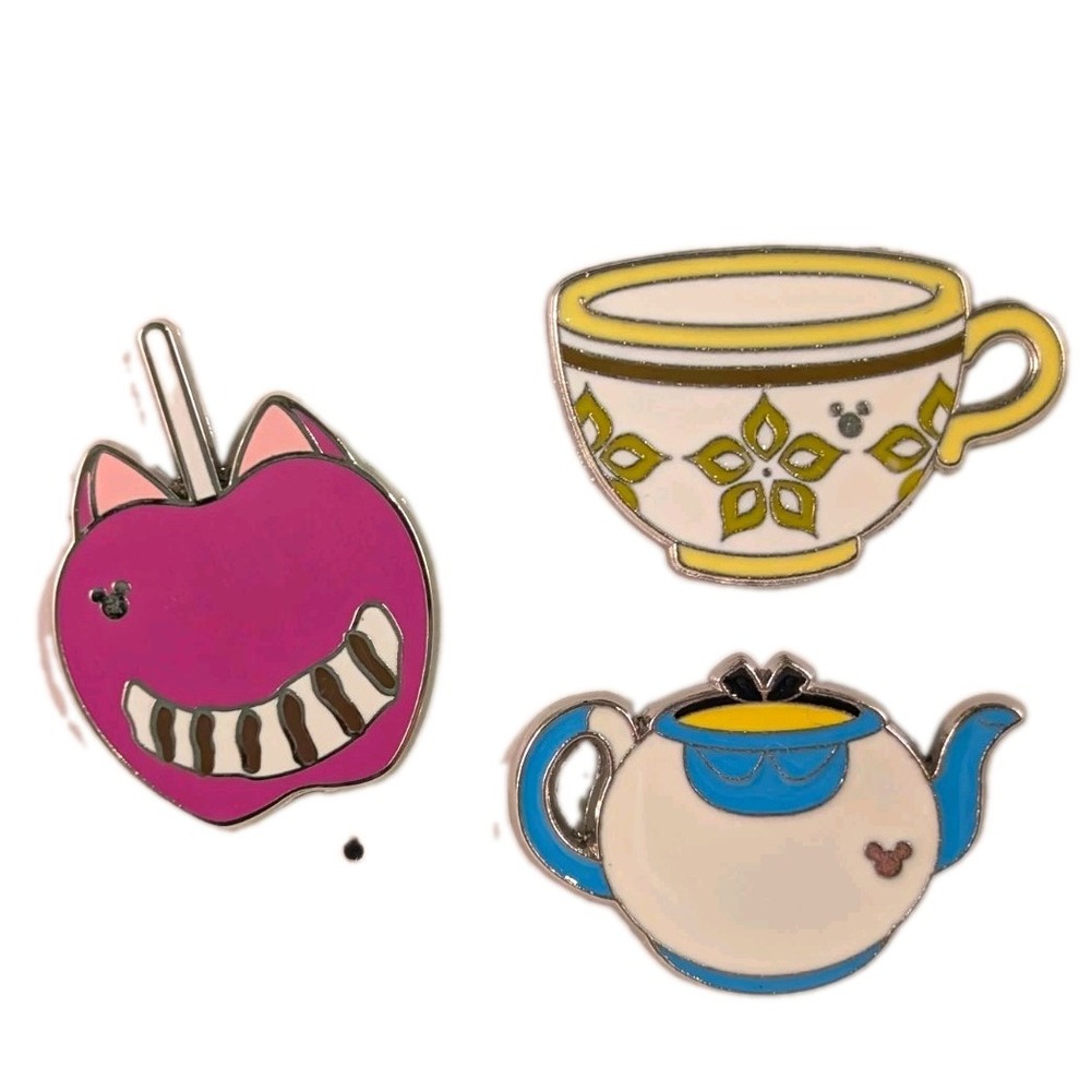 Disney Alice in Wonderland Cheshire Cat Teapot Teacup Apple Pin Set (3)